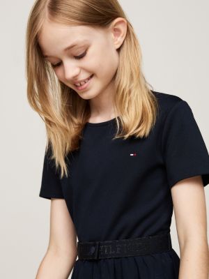 blau hilfiger monotype kleid mit tüll und gürtel für mädchen - tommy hilfiger