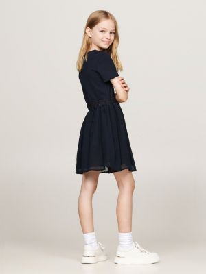 blau hilfiger monotype kleid mit tüll und gürtel für mädchen - tommy hilfiger