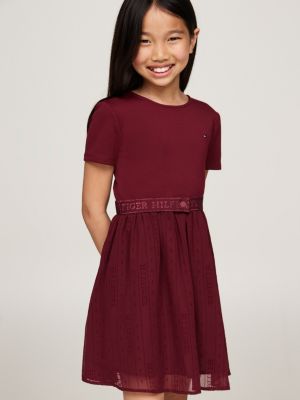 rot hilfiger monotype kleid mit tüll und gürtel für mädchen - tommy hilfiger