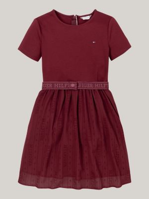 rot hilfiger monotype kleid mit tüll und gürtel für mädchen - tommy hilfiger