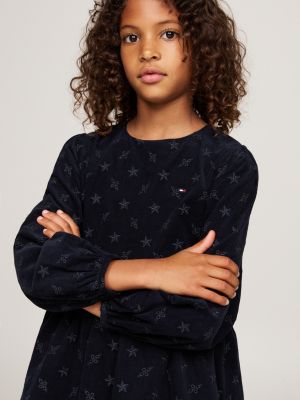 blauw geborduurde longsleeve corduroy jurk voor meisjes - tommy hilfiger