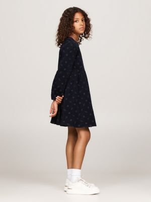 blue embroidery corduroy long sleeve dress for girls tommy hilfiger