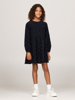 blau langarmkleid aus cord mit stickereien für mädchen - tommy hilfiger