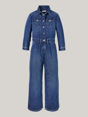 blau relaxed fit denim-jumpsuit mit weitem bein für mädchen - tommy hilfiger