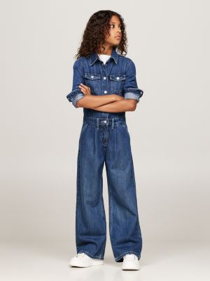 blau relaxed fit denim-jumpsuit mit weitem bein für mädchen - tommy hilfiger