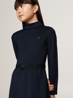 blue belted long sleeve extra slim dress for girls tommy hilfiger