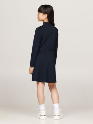 vestido extra slim con manga larga y cinturón azul de niñas tommy hilfiger