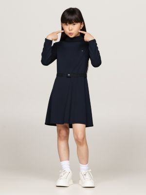 blue belted long sleeve extra slim dress for girls tommy hilfiger