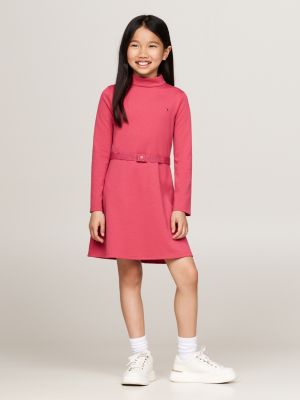 rosa extra slim fit langarm-kleid mit gürtel für mädchen - tommy hilfiger