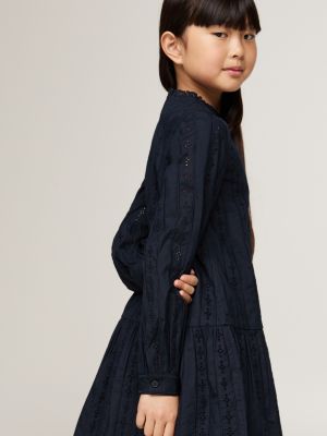 blau hilfiger monotype kleid mit lochstickerei für mädchen - tommy hilfiger