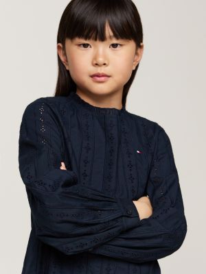 blau hilfiger monotype kleid mit lochstickerei für mädchen - tommy hilfiger