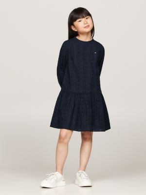 blau hilfiger monotype kleid mit lochstickerei für mädchen - tommy hilfiger