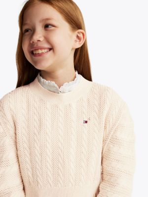 beige relaxed fit kabelgebreide sweaterjurk voor meisjes - tommy hilfiger