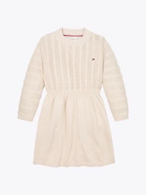 beige relaxed fit strickkleid mit zopfmuster für mädchen - tommy hilfiger