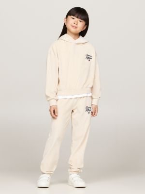 beige velour cuffed joggers for girls tommy hilfiger