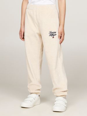 joggers in velour con fascia elastica beige da bambine tommy hilfiger