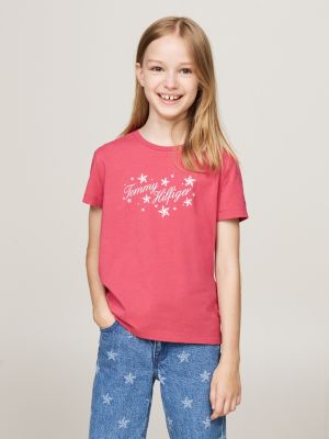 rosa t-shirt mit schreibschrift-logo für mädchen - tommy hilfiger