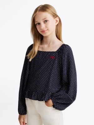 blue bluse mit raffung hinten und stern-print für mädchen - tommy hilfiger