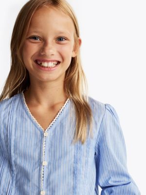 blue stripe pleated blouse for girls tommy hilfiger