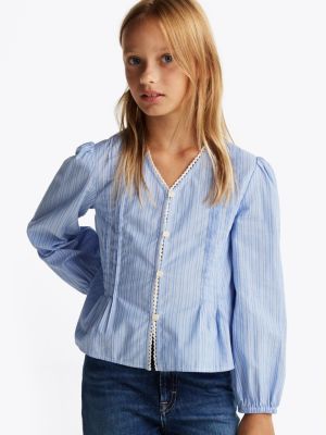 blouse rayée plissée blue pour filles tommy hilfiger