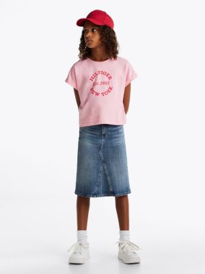 t-shirt décontracté à col ras-du-cou et logo rose pour filles tommy hilfiger