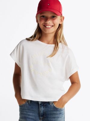 t-shirt décontracté à col ras-du-cou et logo gris pour filles tommy hilfiger