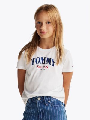 white varsity rundhals-t-shirt mit logo für mädchen - tommy hilfiger