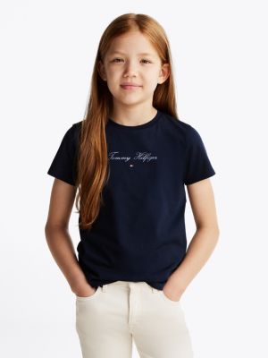 t-shirt con logo in corsivo blu da bambine tommy hilfiger