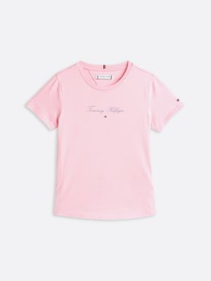 rosa t-shirt mit rundhalsausschnitt und logo für mädchen - tommy hilfiger