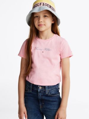 rosa t-shirt mit rundhalsausschnitt und logo für mädchen - tommy hilfiger