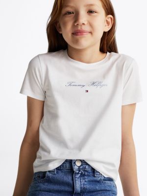 camiseta de cuello redondo con logo blanco de niñas tommy hilfiger