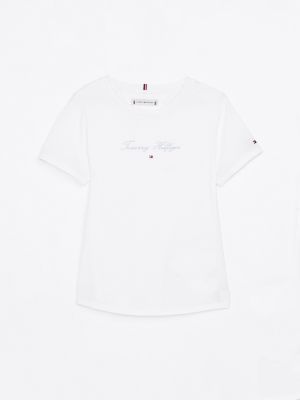 camiseta de cuello redondo con logo blanco de niñas tommy hilfiger