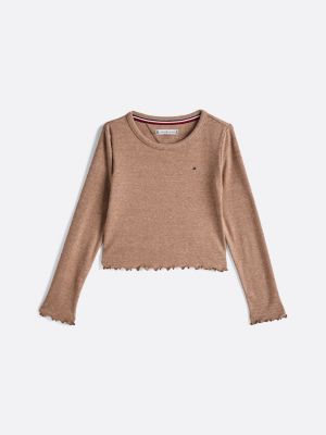 crop top extra slim texturé à manches longues marron pour filles tommy hilfiger