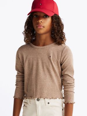 crop top extra slim texturé à manches longues marron pour filles tommy hilfiger