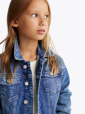 veste trucker décontractée en denim effilochée bleu pour filles tommy hilfiger