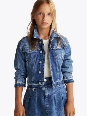 giacca trucker in denim con orlo sfrangiato blue da bambine tommy hilfiger