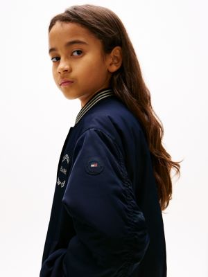 blau varsity-bomberjacke aus satin für mädchen - tommy hilfiger