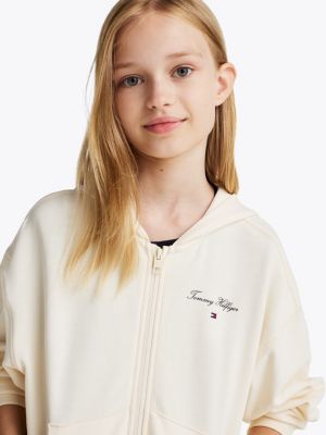 sweat à capuche décontracté varsity zippé beige pour filles tommy hilfiger