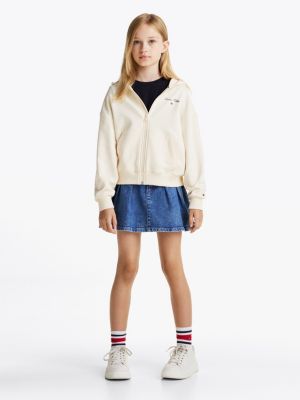 beige varsity relaxed zip-thru hoody for girls tommy hilfiger