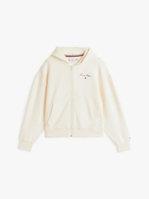 sweat à capuche décontracté varsity zippé beige pour filles tommy hilfiger