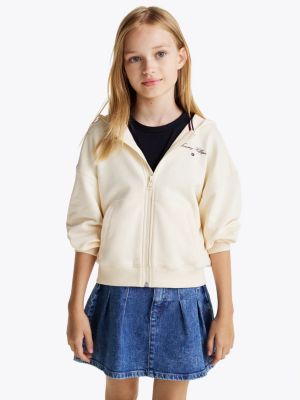 sweat à capuche décontracté varsity zippé beige pour filles tommy hilfiger