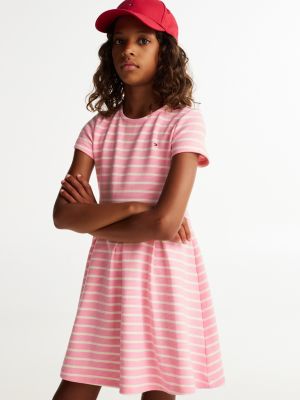 vestito skater a campana con motivo a righe rosa da bambine tommy hilfiger