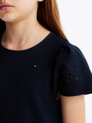 blau schmetterlingsärmel-kleid mit lochstickerei für mädchen - tommy hilfiger