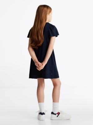 blau schmetterlingsärmel-kleid mit lochstickerei für mädchen - tommy hilfiger