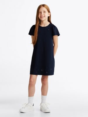 blau schmetterlingsärmel-kleid mit lochstickerei für mädchen - tommy hilfiger