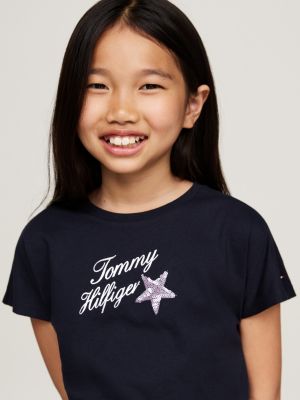 blue sequin star foil logo t-shirt for girls tommy hilfiger