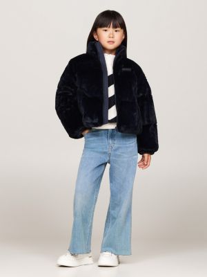 blue faux fur relaxed puffer jacket for girls tommy hilfiger