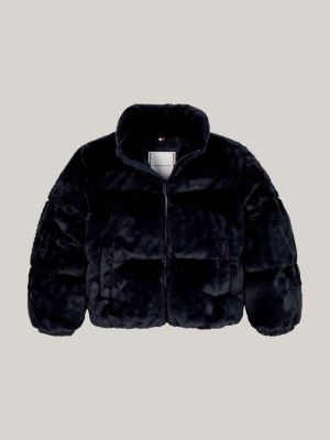 blue faux fur relaxed puffer jacket for girls tommy hilfiger