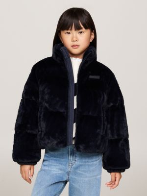 blue faux fur relaxed puffer jacket for girls tommy hilfiger