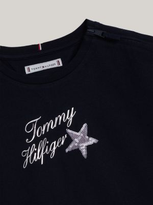 blauw adaptive t-shirt met paillettenster en logo voor meisjes - tommy hilfiger